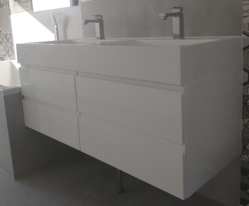 ATU Szafka MDF-120/4 cichy domyk MB  BIAŁA LAKIER , uchwyt frezowany + umywalka podwójna 120 cm
