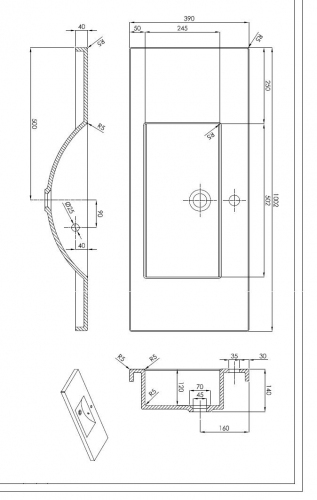 Umywalka prostokątna UMMC-1000x390 ( 100x39 cm)